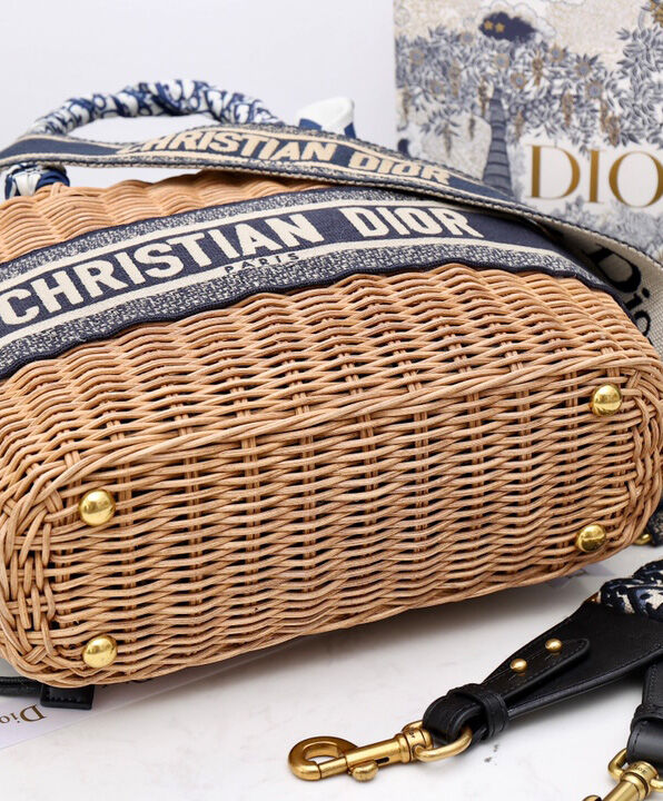 Christian Dior Wicker Basket Canvas with Leather Bag Apricot